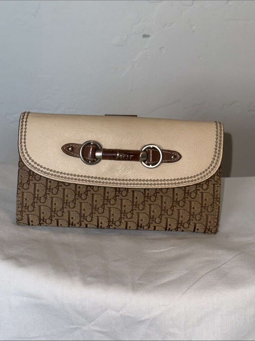 Dior Beige and Brown Monogram Flap Wallet with Silver-Tone Bit Y2K Vintage
